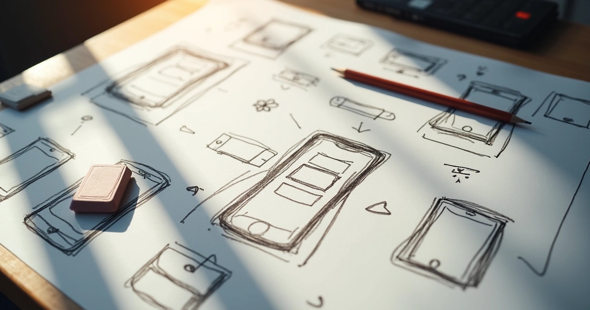 Rascunho simples de telas de um app desenhado à mão