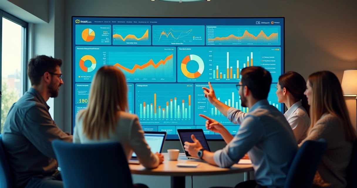 Equipe visualizando dashboard interativo em grande tela com gráficos e tabelas
