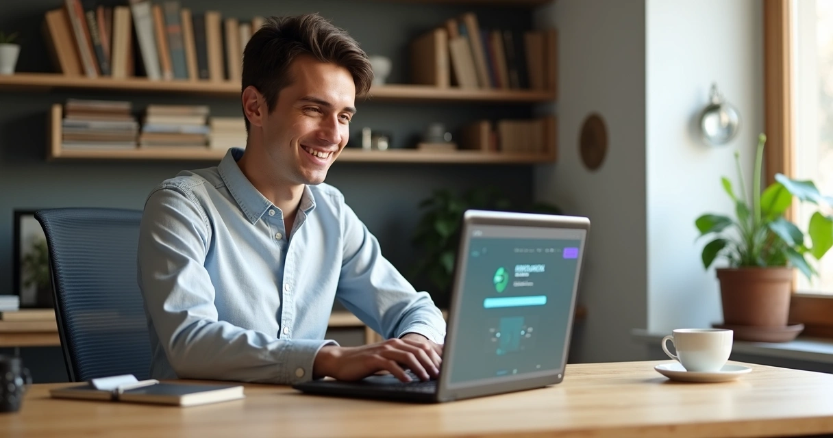 Desenvolvedor feliz trabalhando facilmente em um notebook com painel W8 Hub aberto.