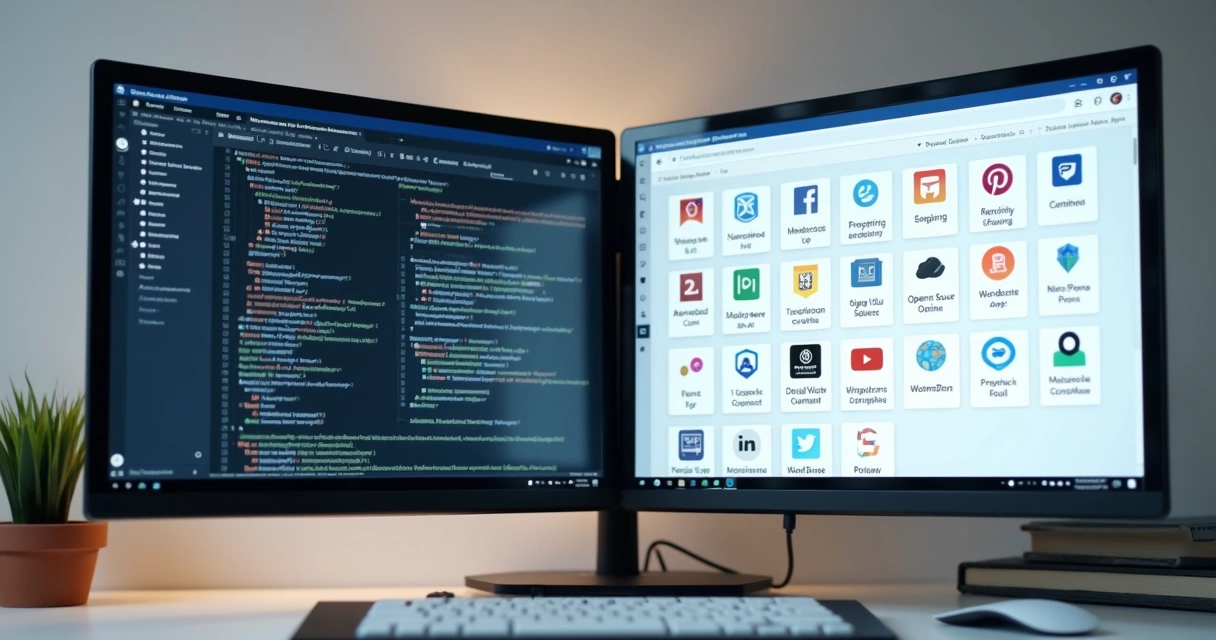 Painel de controle de hospedagem com ícones de apps SaaS