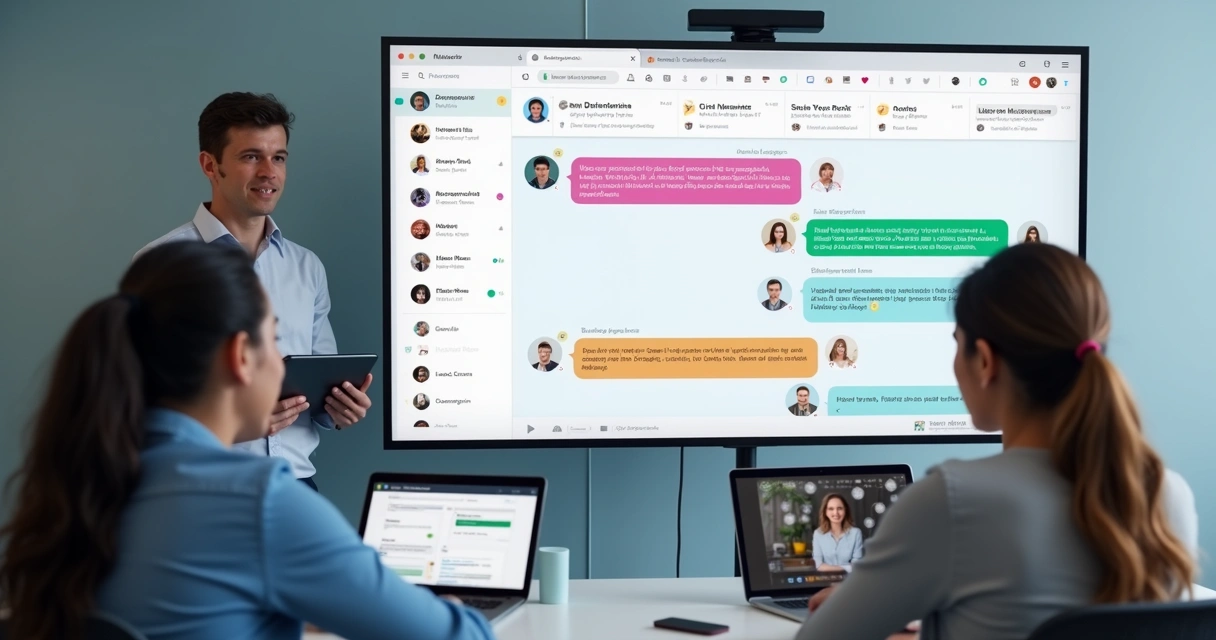 Área de trabalho digital exibindo mensagens em uma interface de chat estilo Mattermost, com pessoas colaborando.