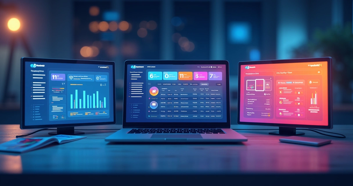 Três telas de exemplos de SaaS diferentes usando bancos de dados relacionais