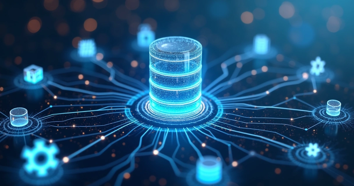 Conjunto de logos de ferramentas open source ligadas a um banco de dados central MySQL