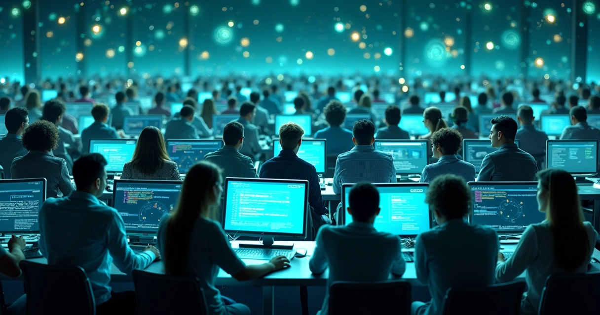 Diversas pessoas conectadas por simbolismo digital