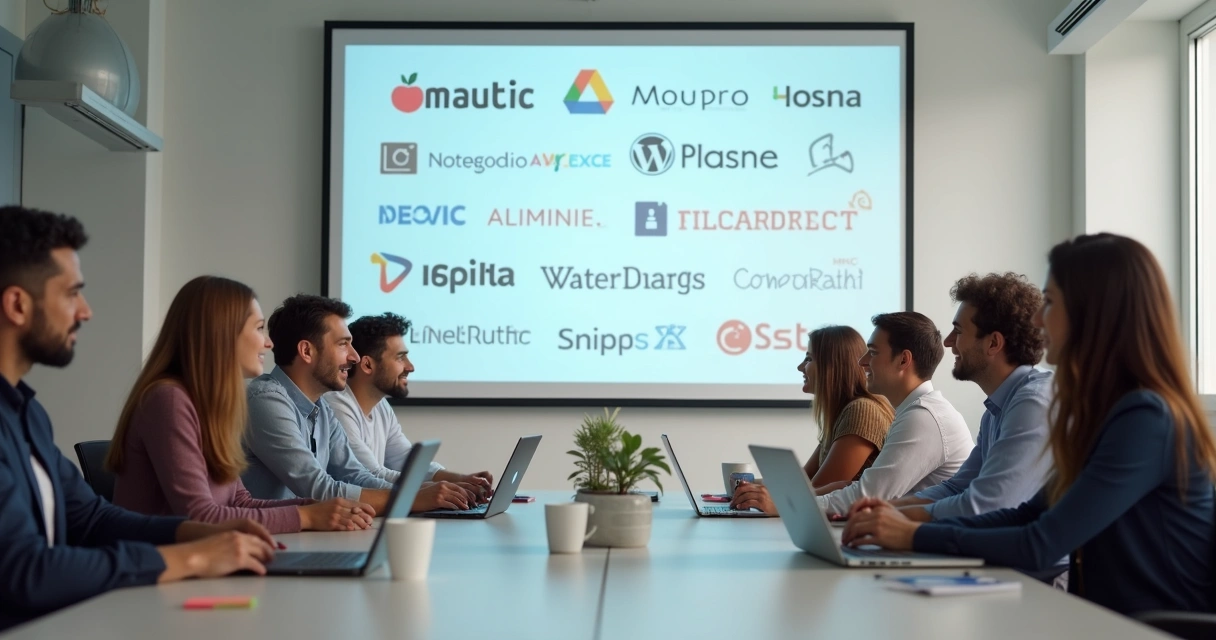 Equipe escolhendo soluções open source em uma reunião