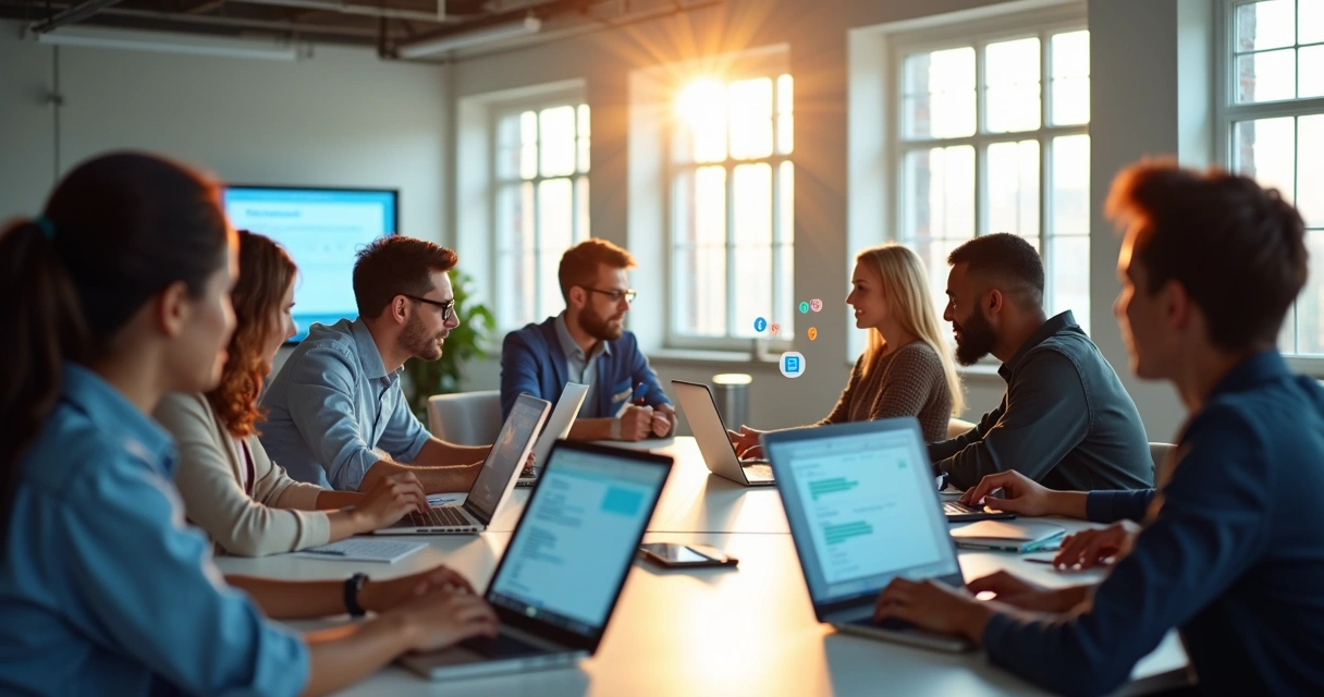 Equipe digitando laptops na nuvem com interface SaaS visível