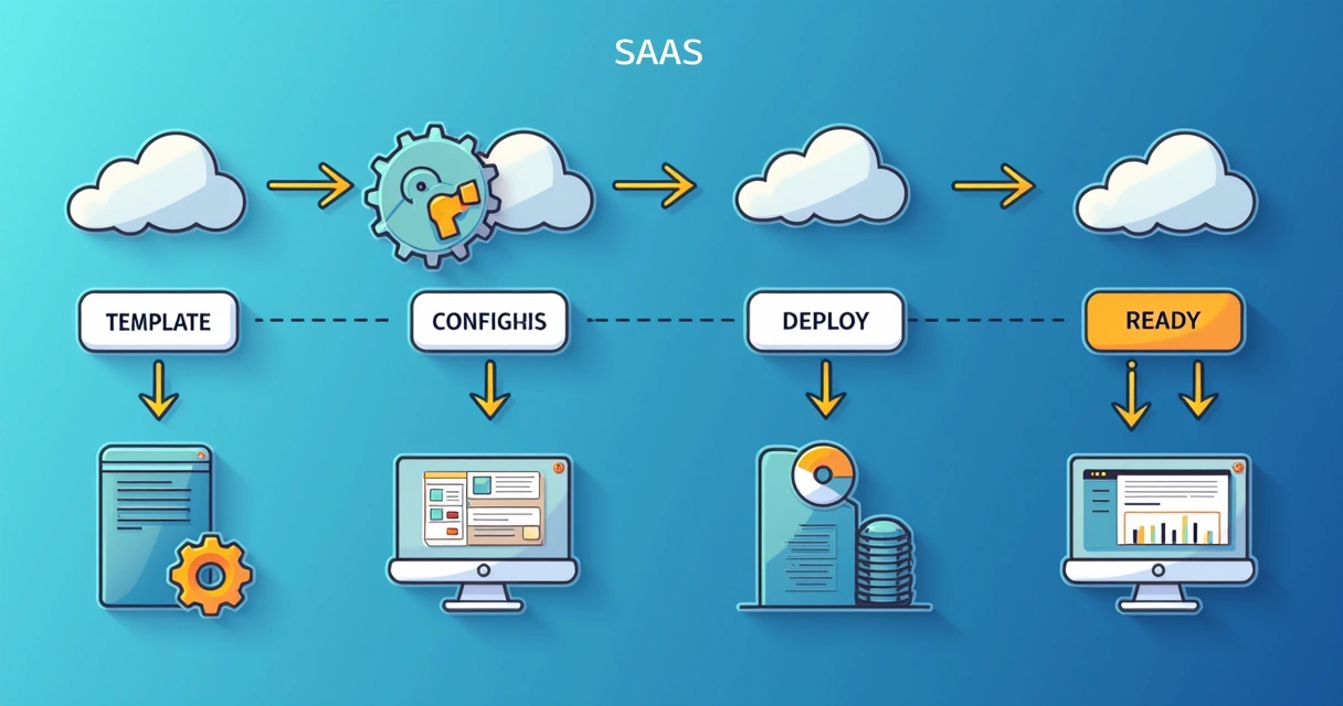 Esquema do fluxo de instalação de SaaS mostrado com linhas conectando etapas
