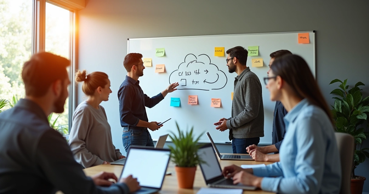Equipe de empreendedores e desenvolvedores em reunião trocando ideias