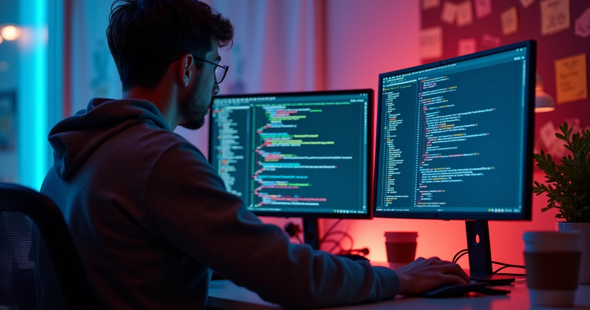 Pessoa verificando filas e cache de dados em dois monitores