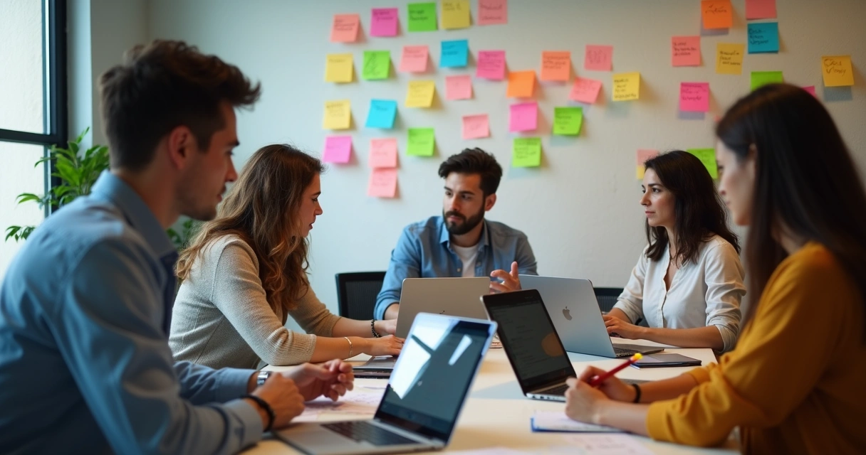 Colaboradores discutindo ideias ao redor de laptops