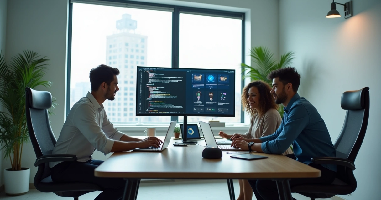 Uma equipe pequena de tecnologia colaborando em um escritório moderno