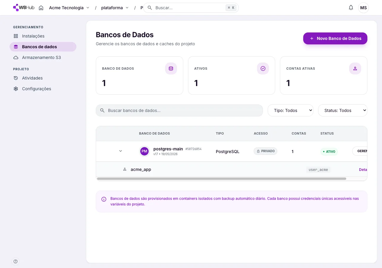 Tela de Bancos de Dados do projeto: banco PostgreSQL privado com contas de acesso, status e ação de gerenciar.