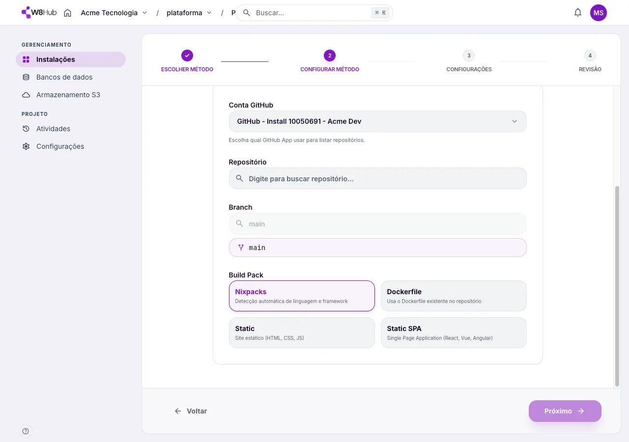 Seleção do Build Pack na W8 Hub: Nixpacks, Dockerfile, Static ou Static SPA, com detecção automática de linguagem e framework.