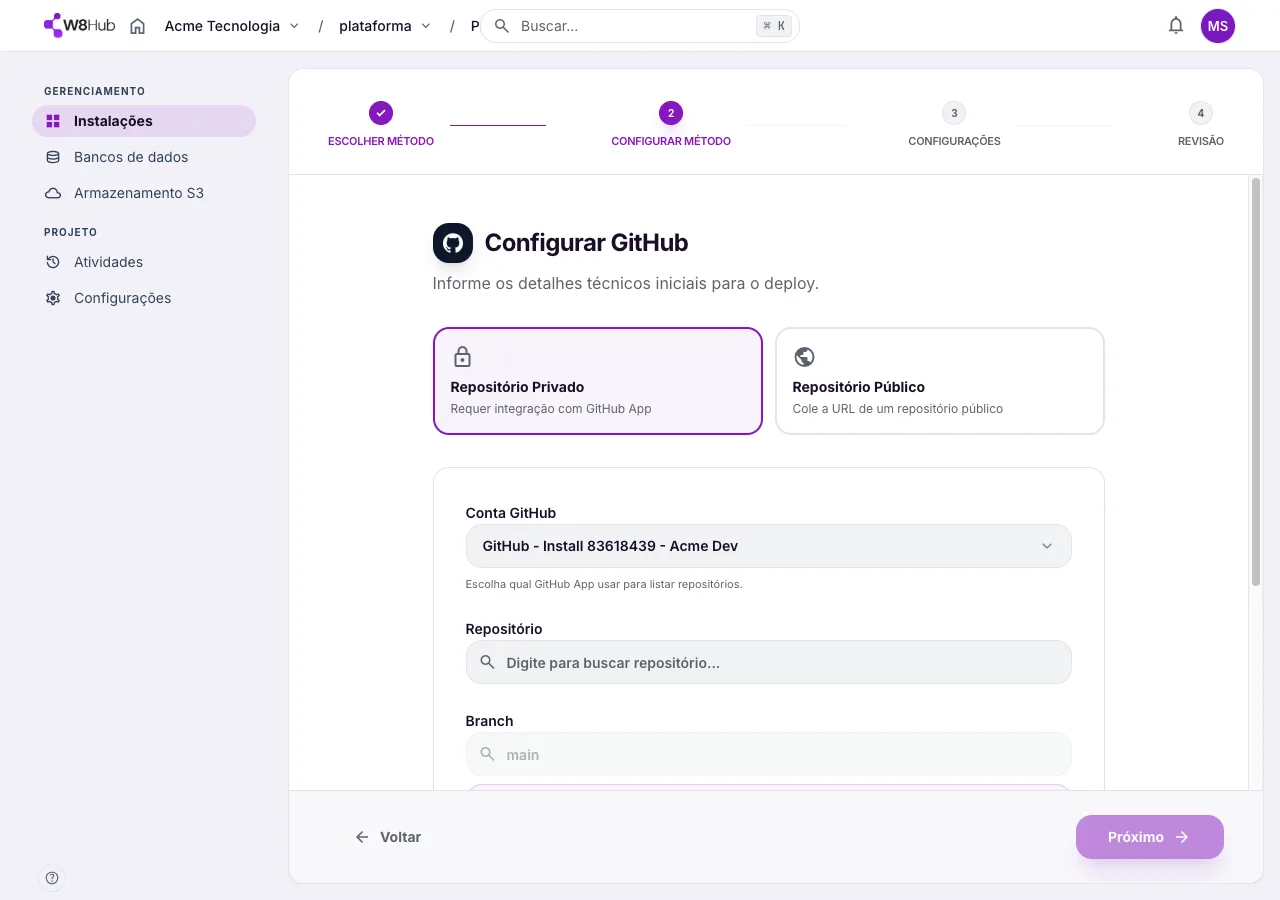 Configuração do GitHub na W8 Hub: repositório privado ou público, conta do GitHub App, seleção de repositório e branch.