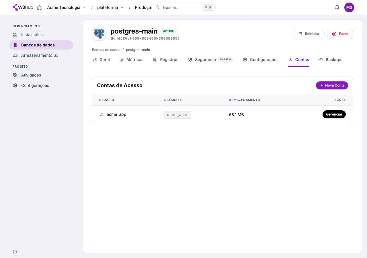 Tela de Contas de Acesso de um banco PostgreSQL na W8 Hub: usuário, database e armazenamento, com ação de gerenciar.