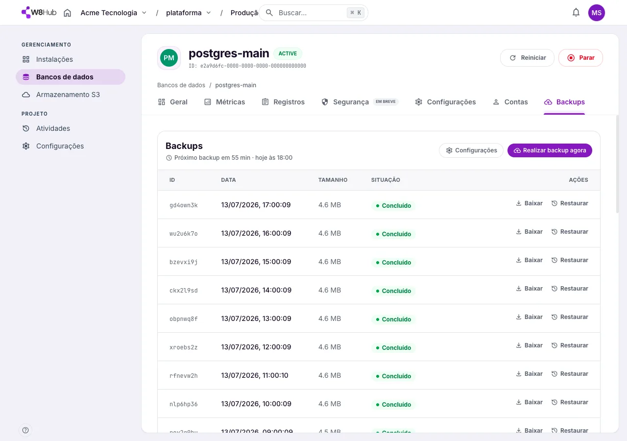Backups de banco de dados na W8 Hub: lista de backups automáticos com data, tamanho, situação e ações de baixar e restaurar.