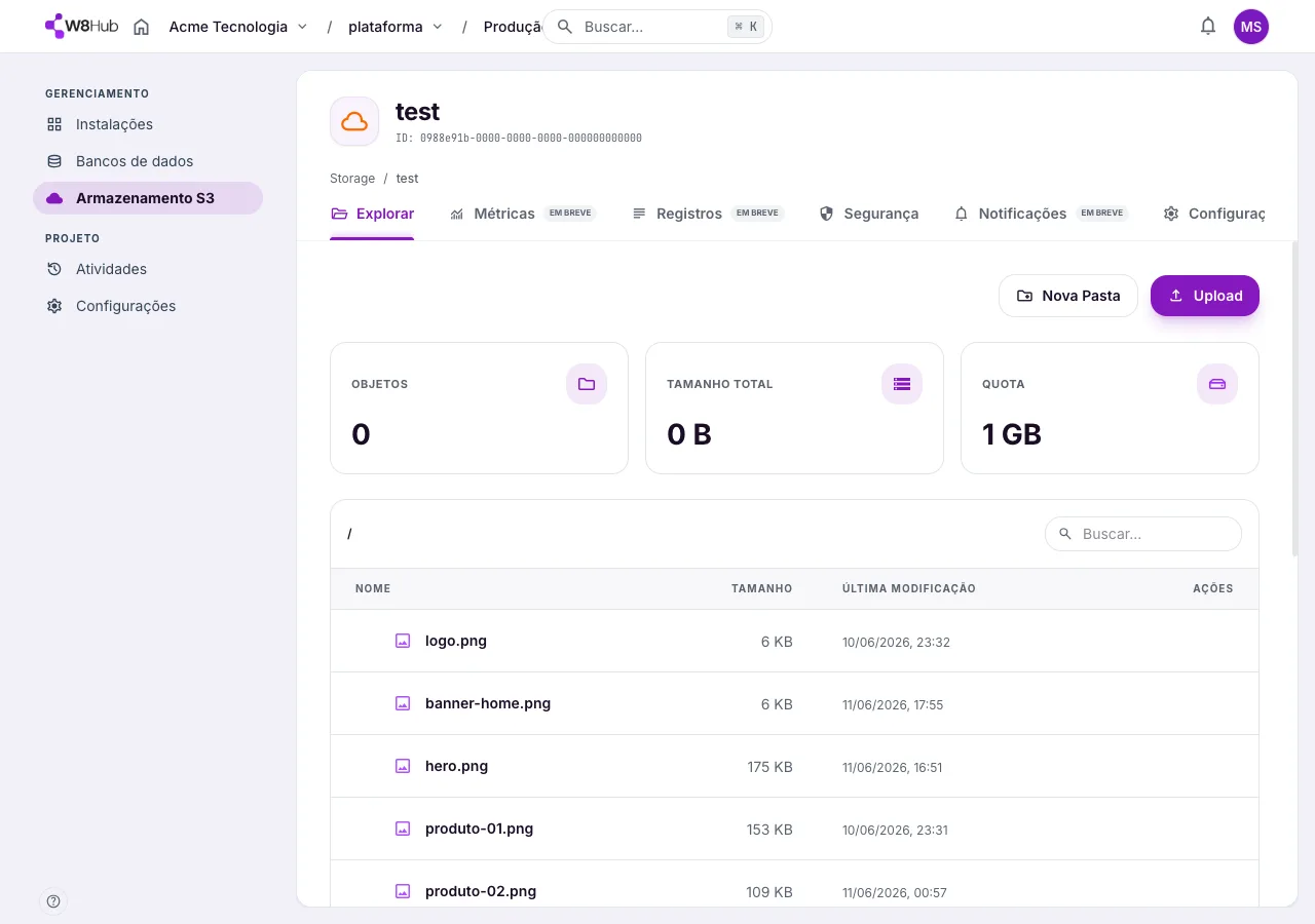 Navegador de objetos de um bucket S3 na W8 Hub: lista de arquivos com tamanho e data de modificação, upload, quota e total de objetos.