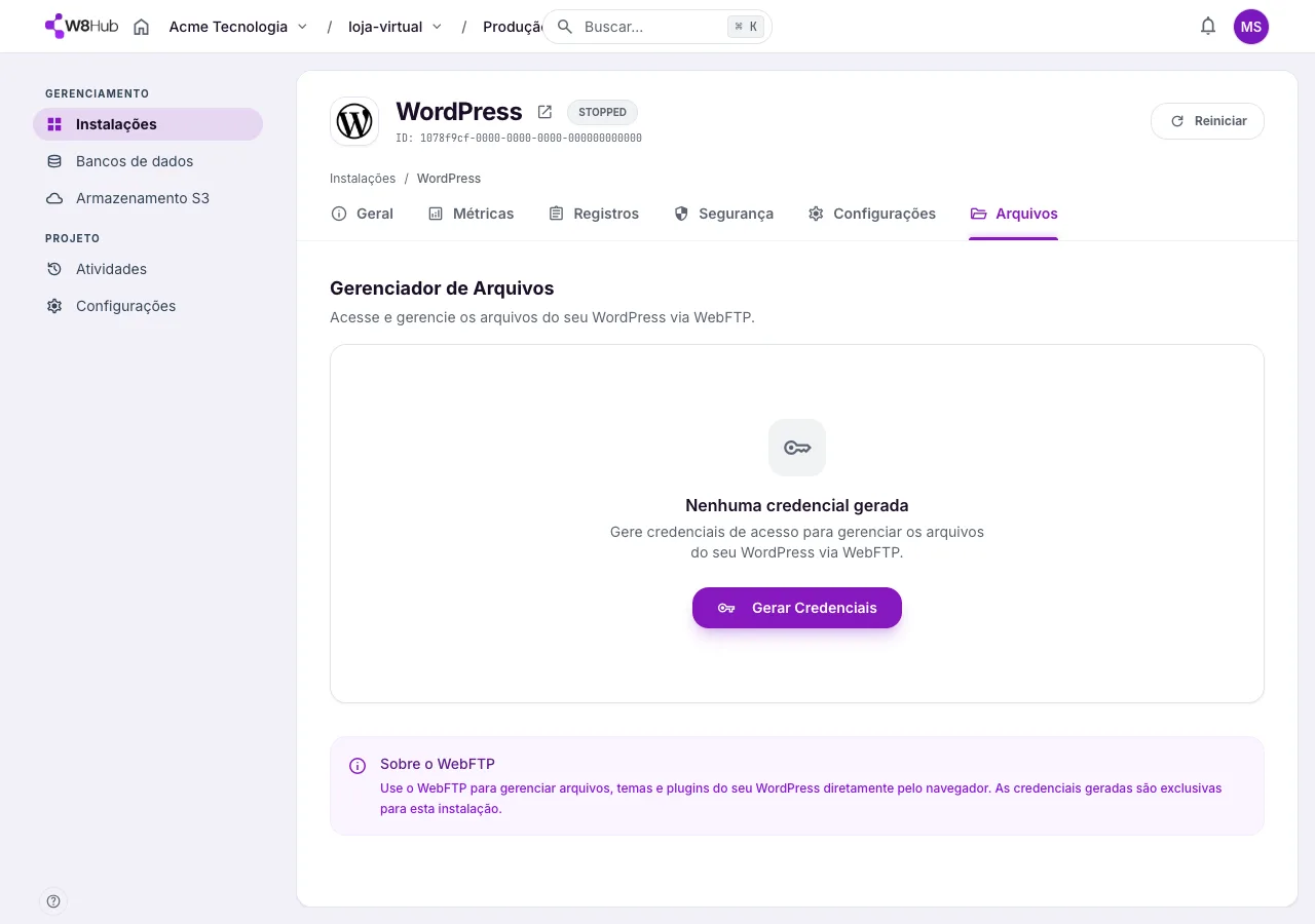 Gerenciador de arquivos de uma instalação WordPress na W8 Hub: a plataforma gera uma URL de FTP pronta para acesso.
