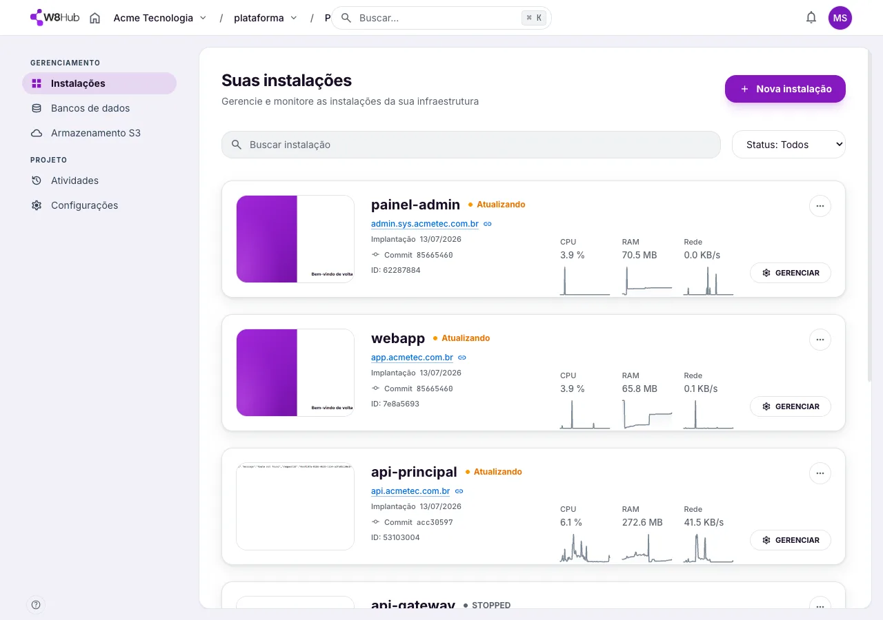 Página Suas instalações na W8 Hub com o botão Nova instalação em destaque no topo e a lista de instalações com domínio, status e métricas.