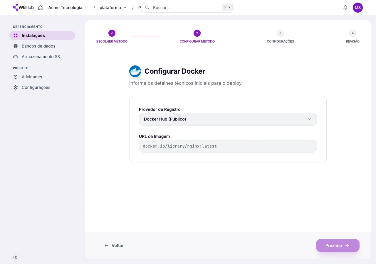 Passo Configurar Docker na W8 Hub: provedor de registro (Docker Hub) e campo de URL da imagem com a tag.
