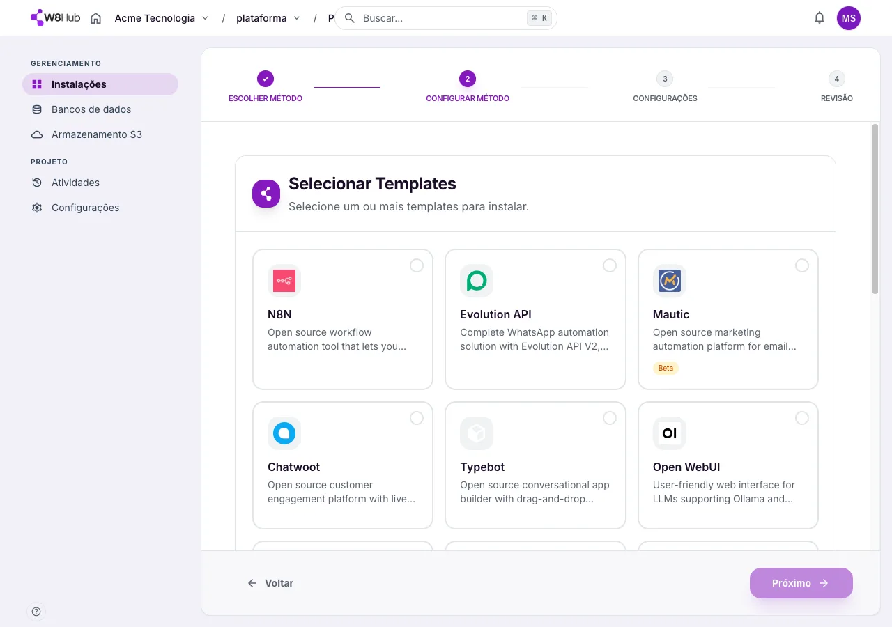Passo Selecionar Templates na W8 Hub: catálogo com n8n, Evolution API, Mautic, Chatwoot, Typebot, Open WebUI, NocoDB, Metabase, WordPress e mais.