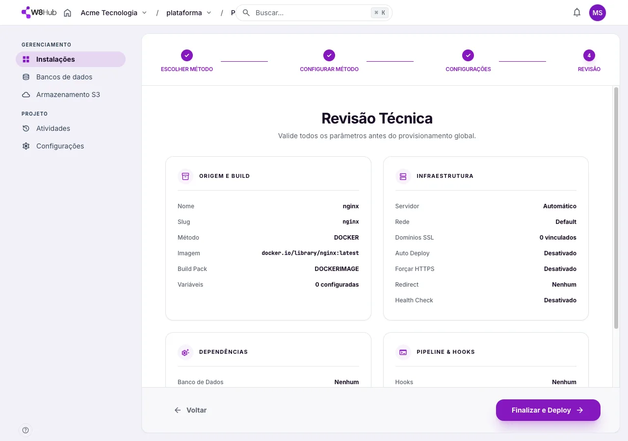 Passo Revisão Técnica no assistente da W8 Hub: resumo de origem e build, infraestrutura, dependências e pipeline antes do deploy, com o botão Finalizar e Deploy.
