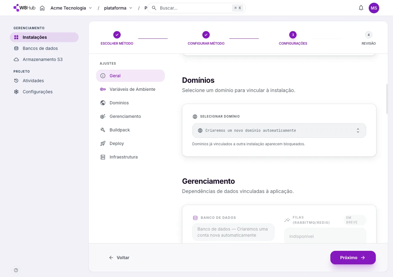 Seção Domínios das Configurações de uma instalação na W8 Hub: seletor de domínios com a opção de gerar um domínio automático e de adicionar domínios próprios (principal e secundários).