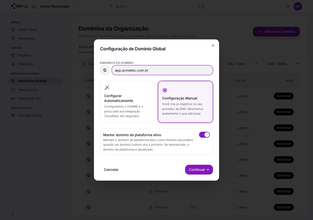 Modal Adicionar Domínio na W8 Hub: campo de endereço e a escolha entre Configurar Automaticamente (via Cloudflare) e Configuração Manual.