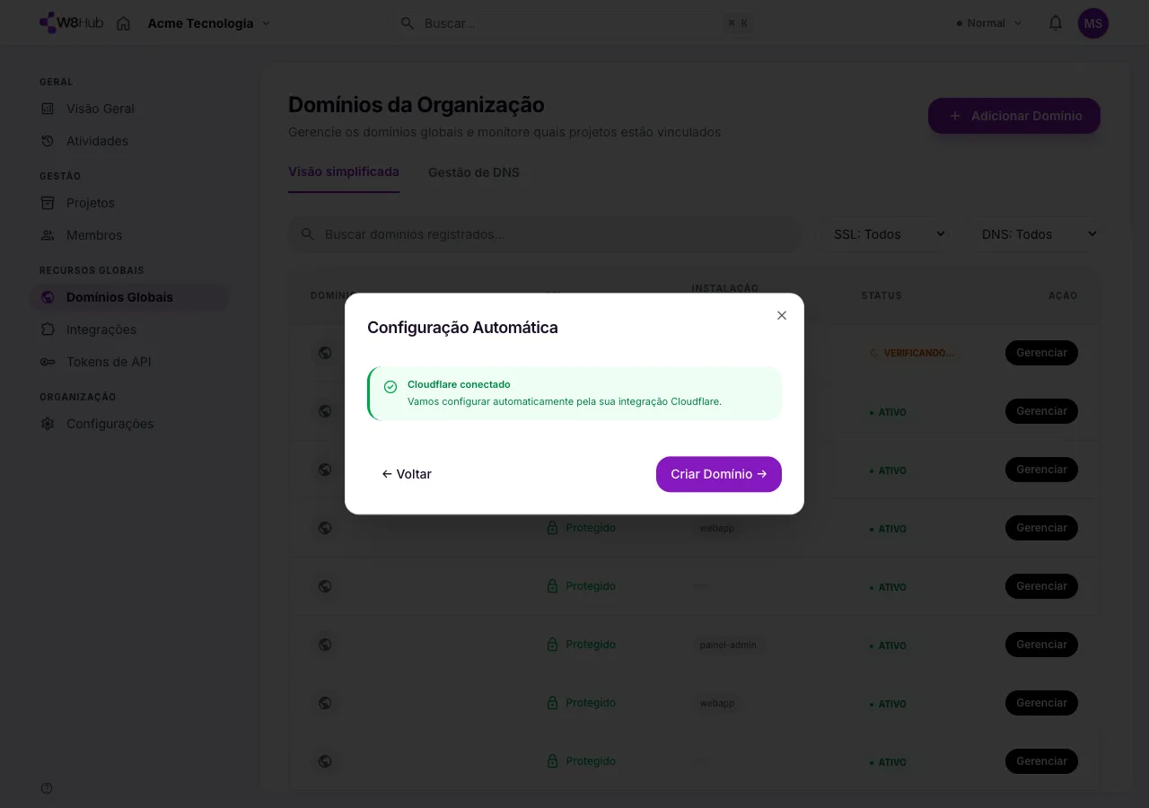 Tela de Configuração Automática de domínio na W8 Hub: Cloudflare conectado e a plataforma criando o registro pela integração.