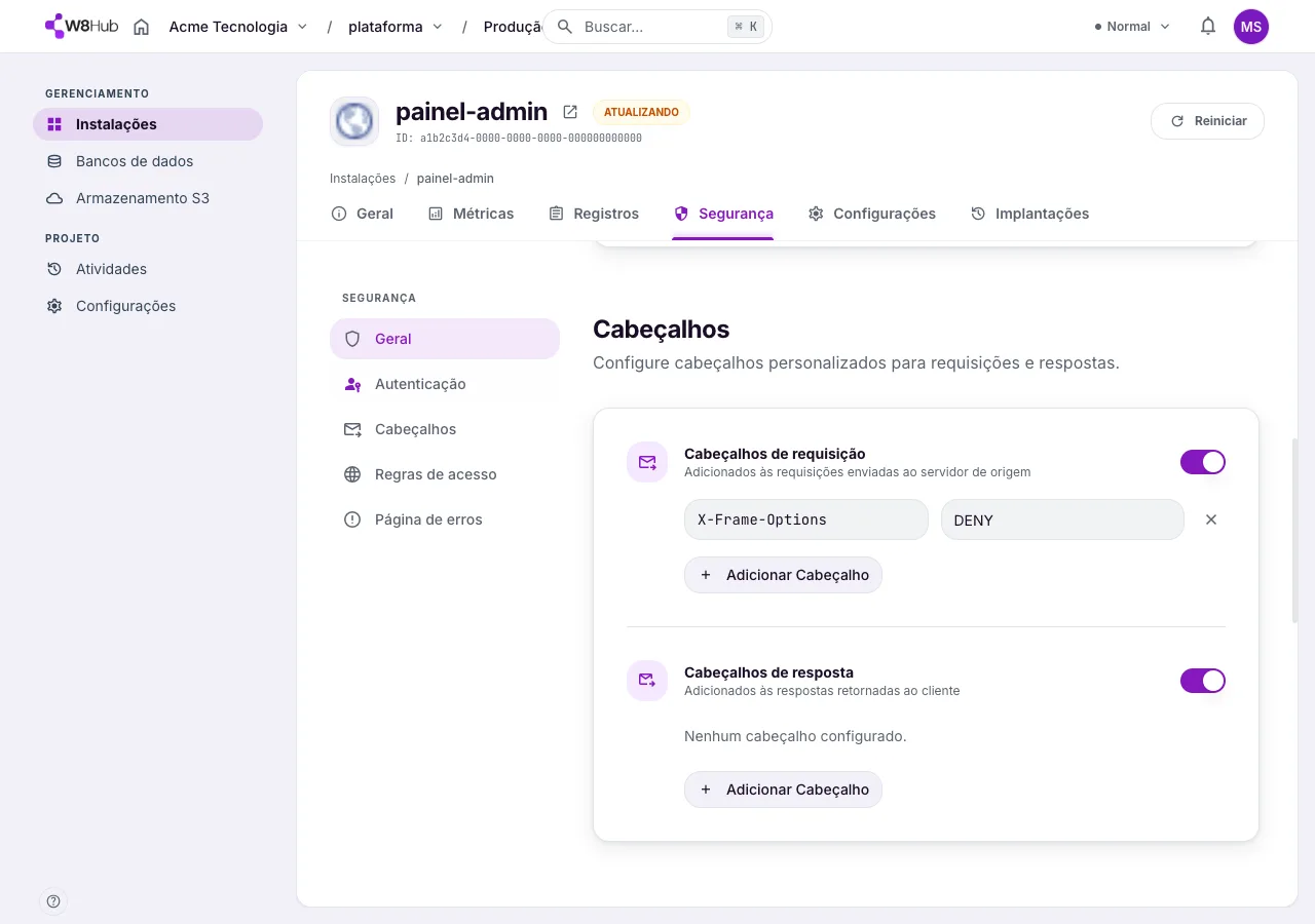 Aba Segurança de uma instalação na W8 Hub, seção Cabeçalhos: cabeçalhos personalizados de requisição e de resposta.