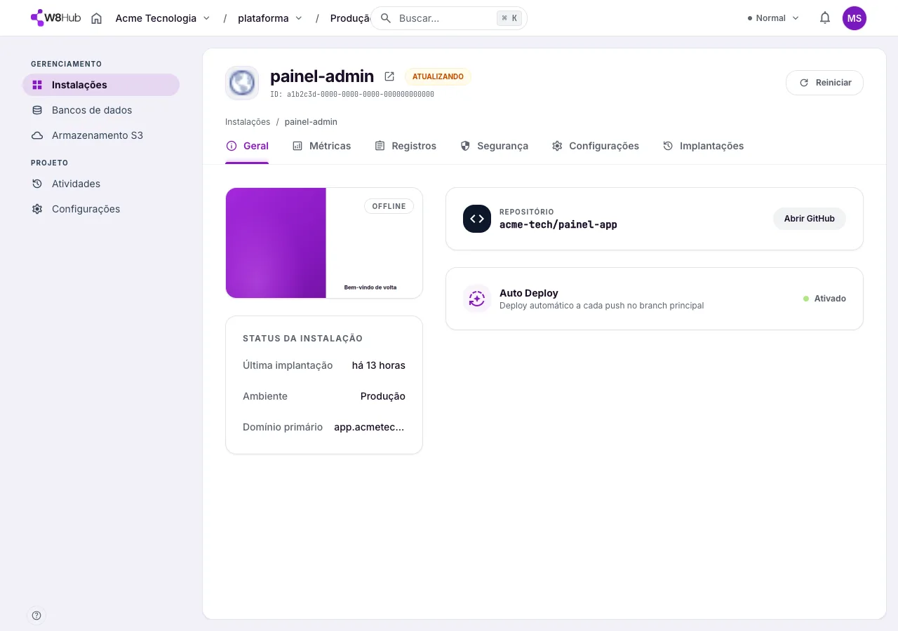 Aba Geral de uma instalação na W8 Hub: status no ar, domínio, repositório de origem, último deploy e uso de CPU, memória e rede.
