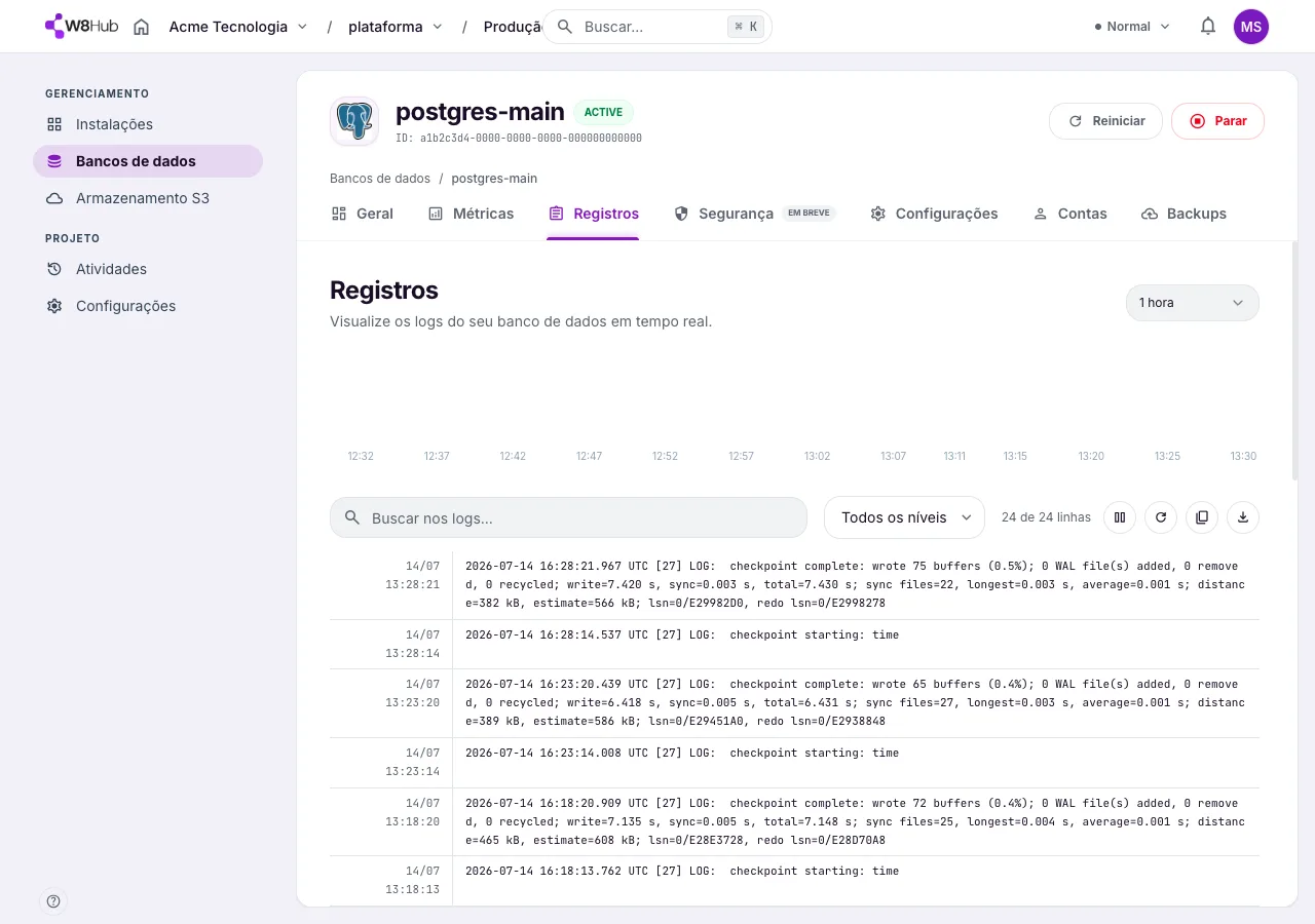 Aba Registros de um banco de dados na W8 Hub: logs do banco em tempo real, com filtros.