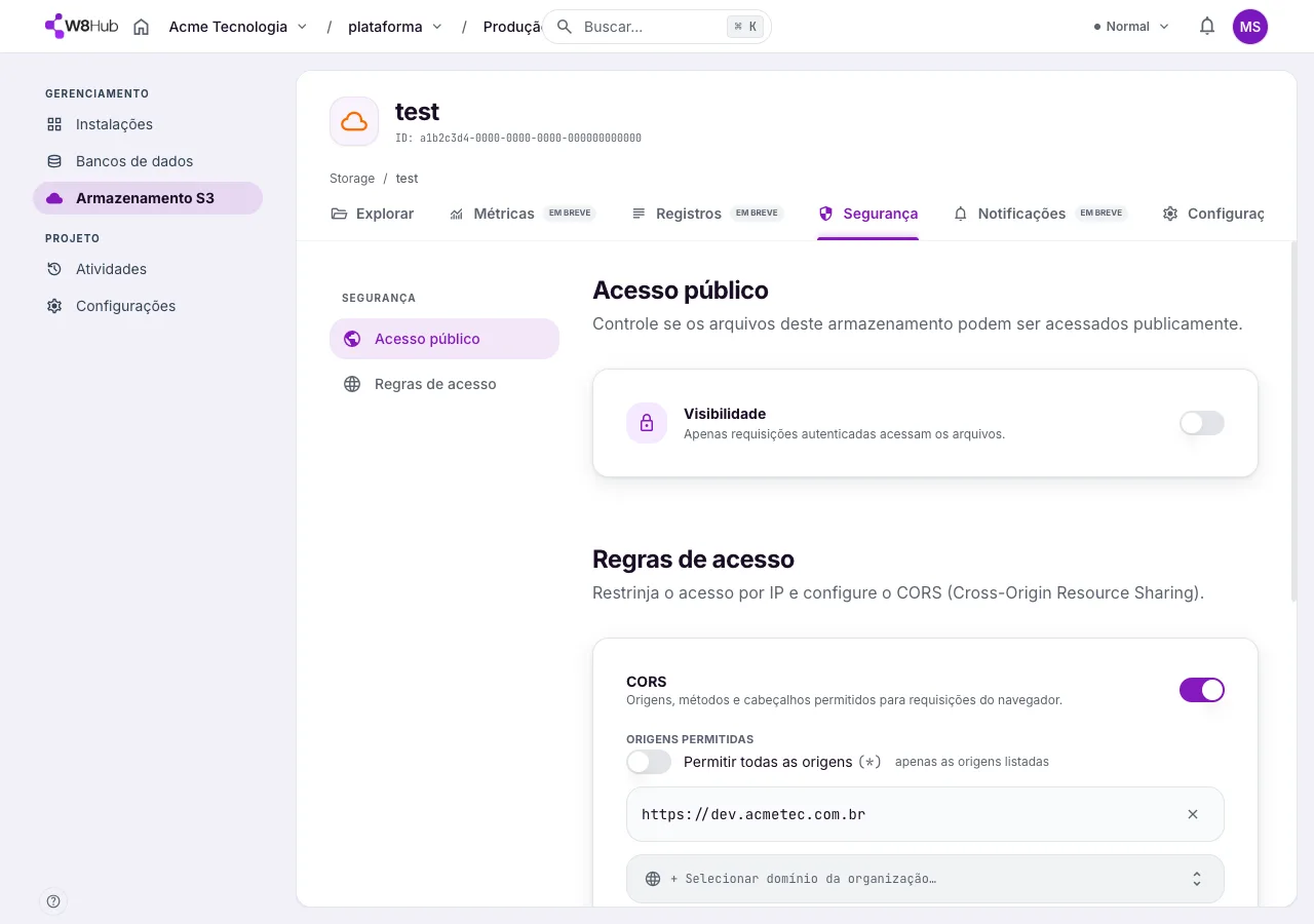 Aba Segurança de um bucket S3 na W8 Hub: Acesso público (visibilidade) e Regras de acesso com CORS e origens permitidas.