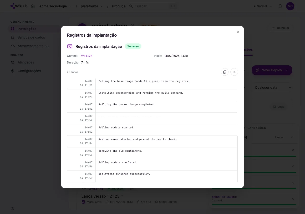 Detalhe de uma implantação na W8 Hub: logs completos de build e publicação em tempo real, commit, status, duração e ações de reimplantar e cancelar.
