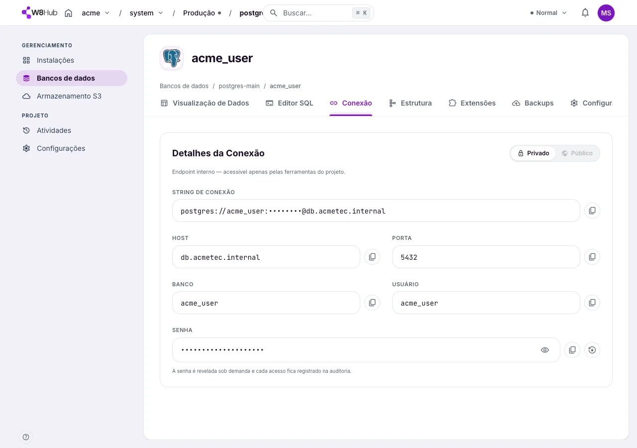 Aba Conexão de uma conta de banco PostgreSQL na W8 Hub: string de conexão pronta, host, porta, banco, usuário e senha revelada sob demanda, com as abas Visualização de Dados, Editor SQL, Conexão, Estrutura, Extensões, Backups e Configurações.