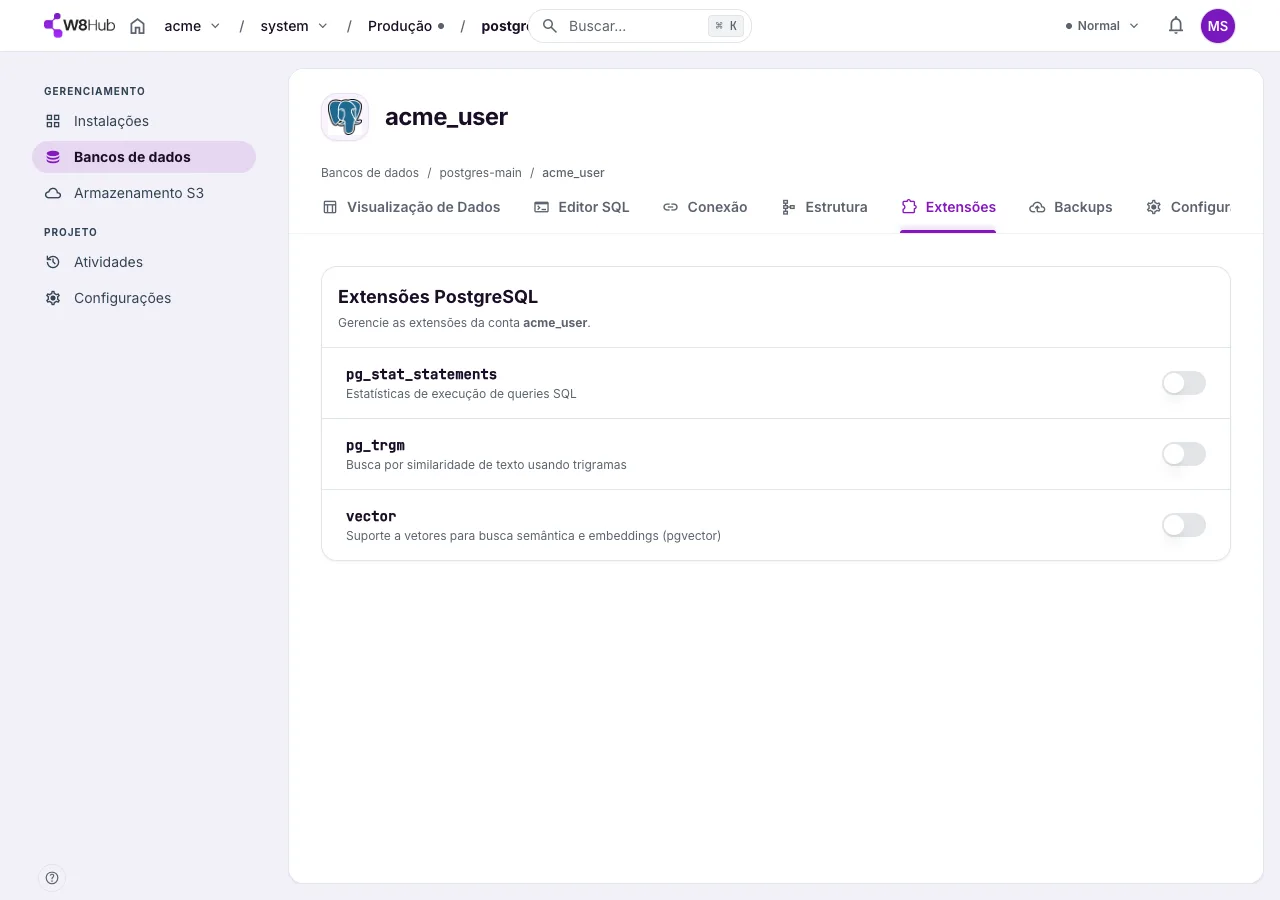 Aba Extensões de uma conta de banco PostgreSQL na W8 Hub: lista de extensões (pg_stat_statements, pg_trgm, pgvector) com um interruptor para habilitar cada uma.
